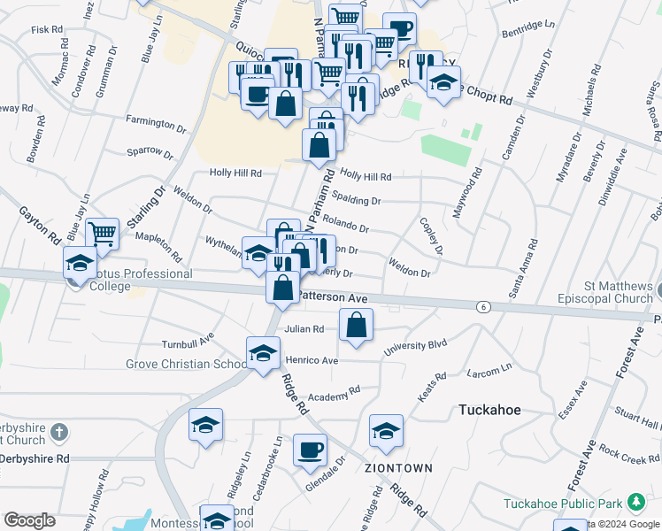map of restaurants, bars, coffee shops, grocery stores, and more near 8514 Wetherly Drive in Henrico