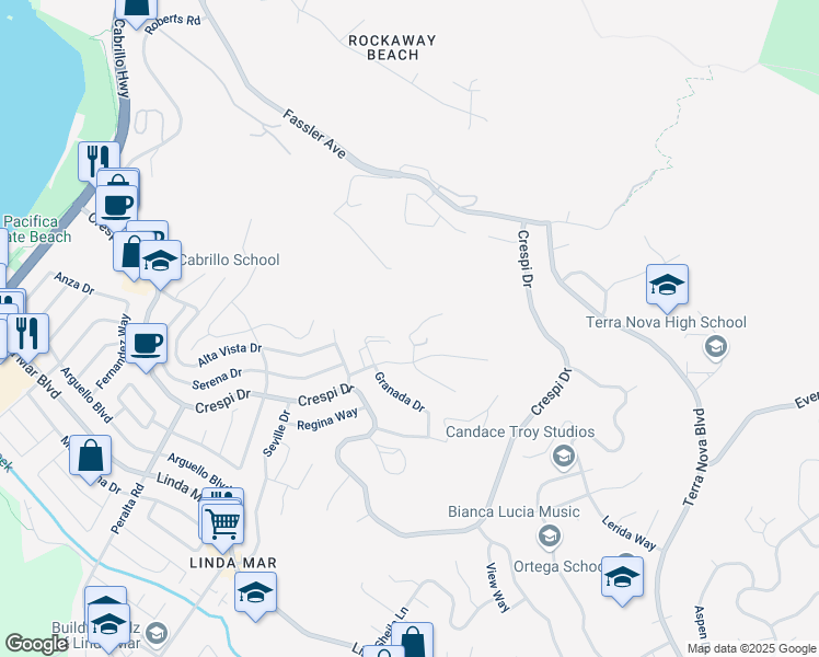 map of restaurants, bars, coffee shops, grocery stores, and more near 2 Hinton Ranch Road in Pacifica