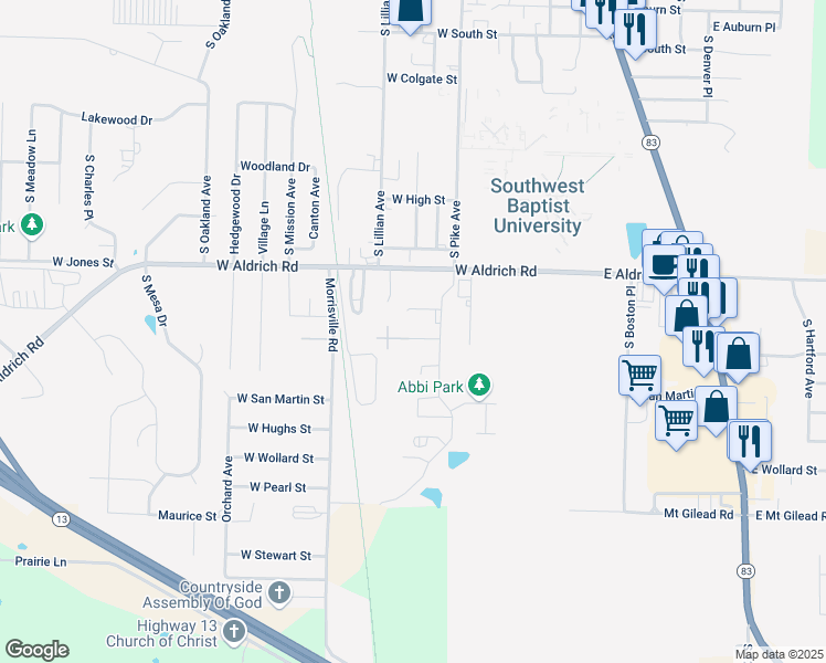 map of restaurants, bars, coffee shops, grocery stores, and more near 411 Maple Street in Bolivar