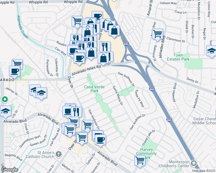 map of restaurants, bars, coffee shops, grocery stores, and more near 3142 San Angelo Way in Union City