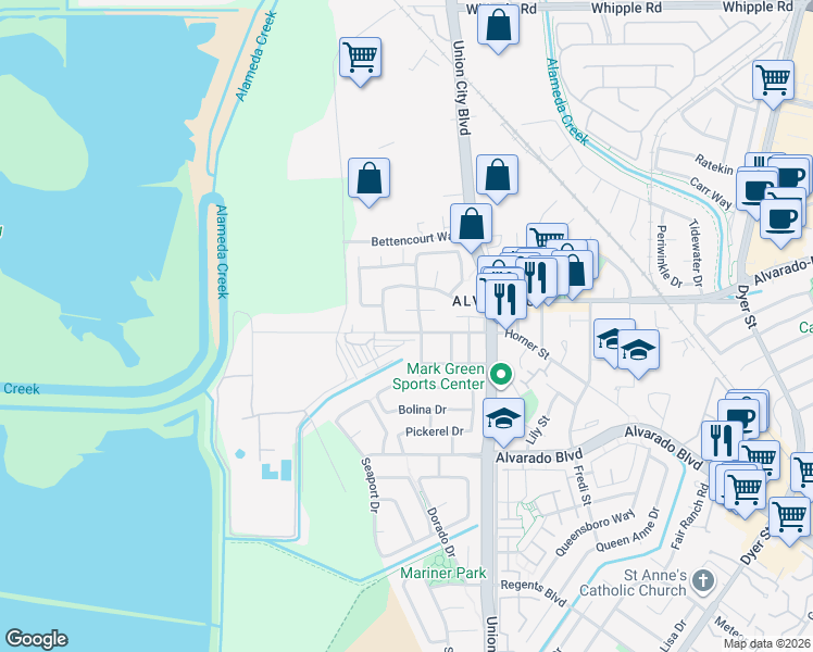 map of restaurants, bars, coffee shops, grocery stores, and more near 30898 Cambridge Way in Union City