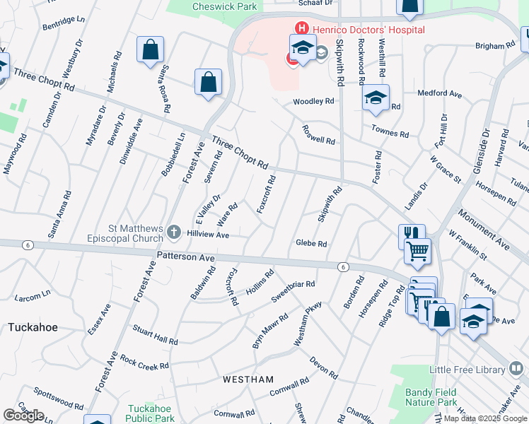 map of restaurants, bars, coffee shops, grocery stores, and more near 1201 Foxcroft Road in Richmond