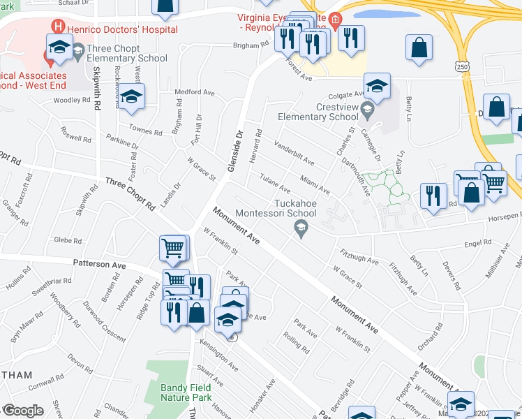 map of restaurants, bars, coffee shops, grocery stores, and more near 7000 West Grace Street in Richmond