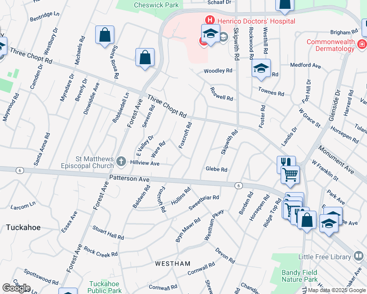 map of restaurants, bars, coffee shops, grocery stores, and more near 1201 Foxcroft Road in Henrico