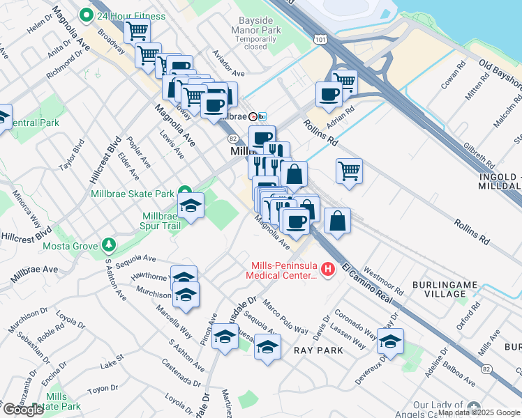 map of restaurants, bars, coffee shops, grocery stores, and more near 115 Murchison Drive in Millbrae