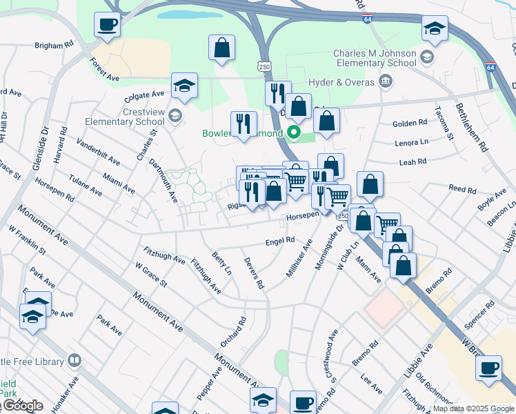 map of restaurants, bars, coffee shops, grocery stores, and more near 6405 Rigsby Road in Richmond