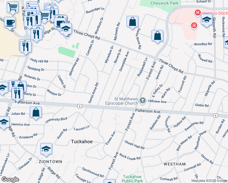 map of restaurants, bars, coffee shops, grocery stores, and more near 1201 Dinwiddie Avenue in Henrico