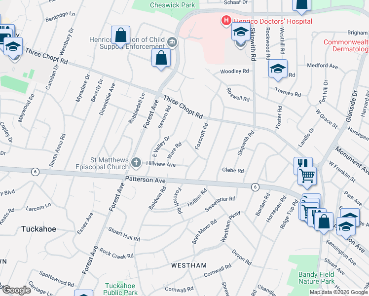 map of restaurants, bars, coffee shops, grocery stores, and more near 1311 Ware Road in Richmond