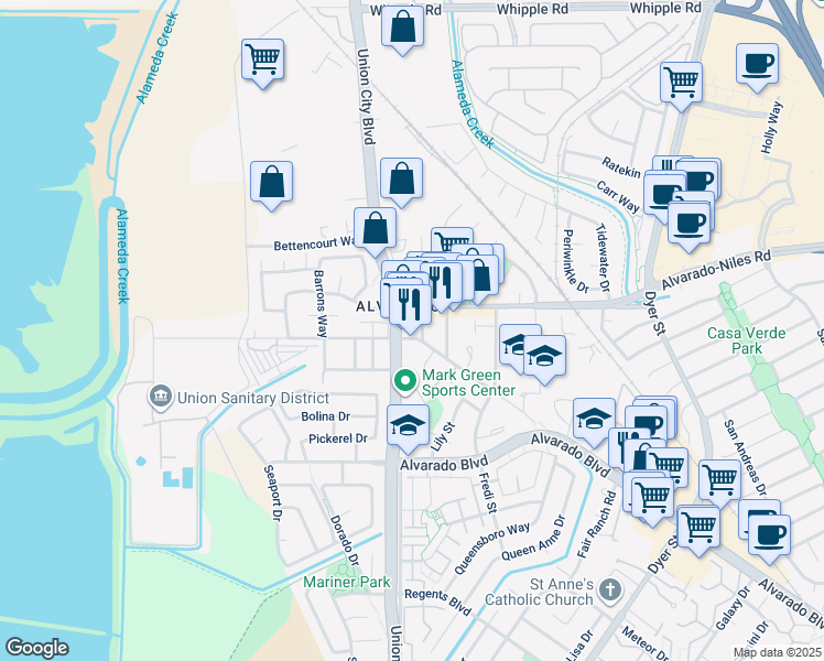 map of restaurants, bars, coffee shops, grocery stores, and more near in Union City