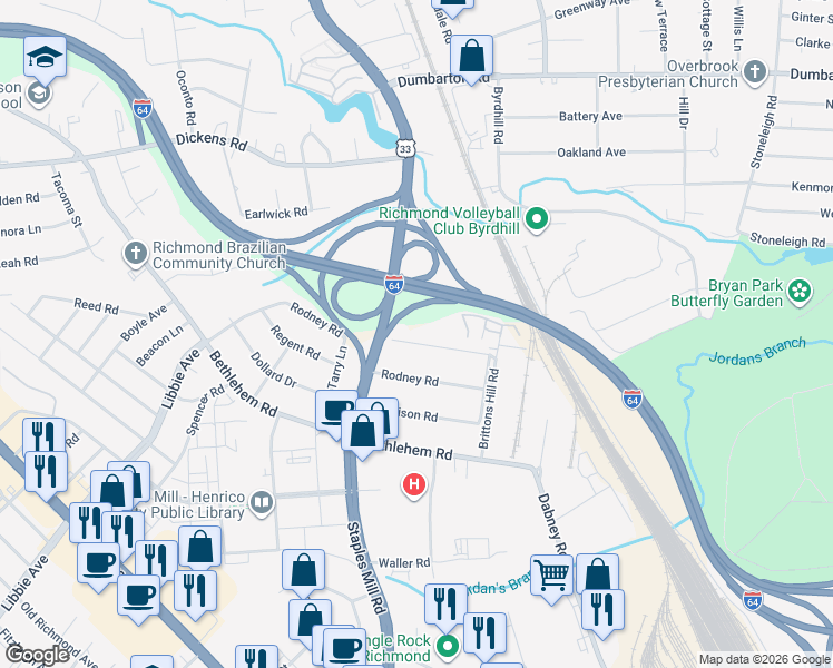 map of restaurants, bars, coffee shops, grocery stores, and more near 4816 Coleman Road in Richmond