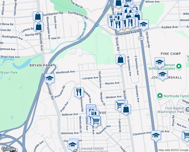 map of restaurants, bars, coffee shops, grocery stores, and more near 1408 Lorraine Avenue in Richmond