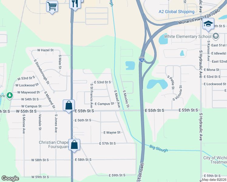 map of restaurants, bars, coffee shops, grocery stores, and more near 5433 South Mosley Street in Wichita