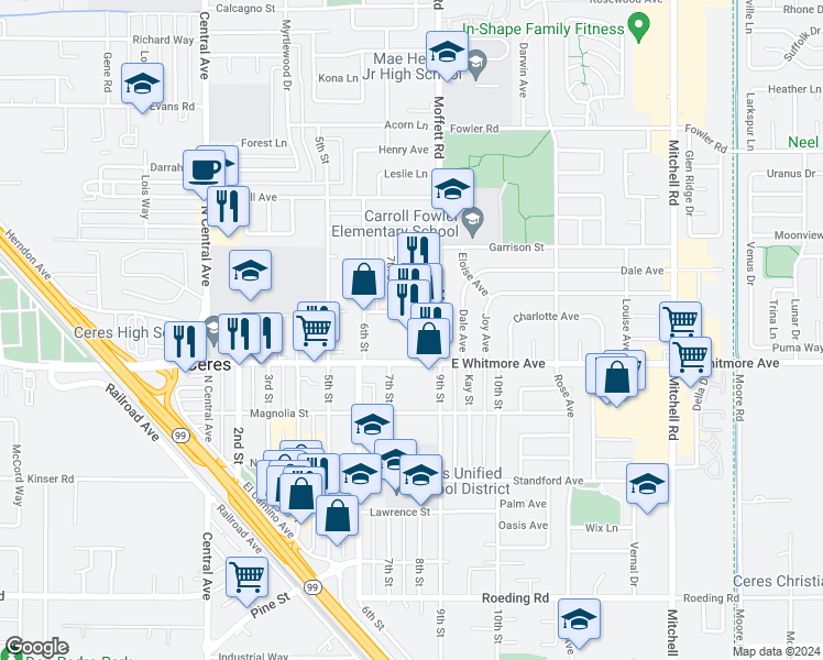 map of restaurants, bars, coffee shops, grocery stores, and more near 2531 East Whitmore Avenue in Ceres