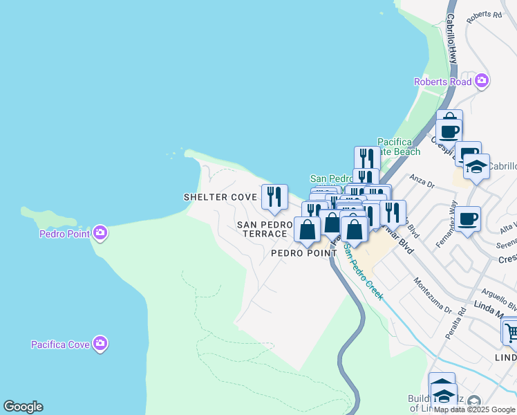 map of restaurants, bars, coffee shops, grocery stores, and more near 239 San Pedro Avenue in Pacifica