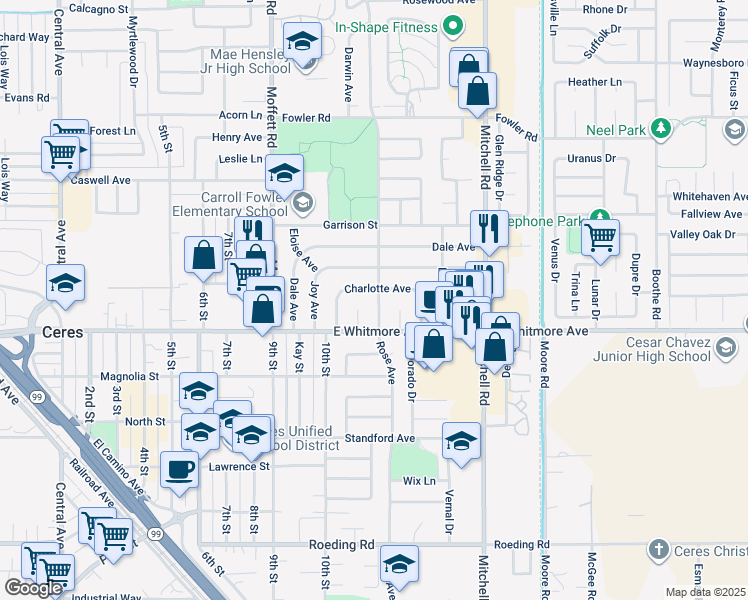 map of restaurants, bars, coffee shops, grocery stores, and more near 2401 Rose Avenue in Ceres