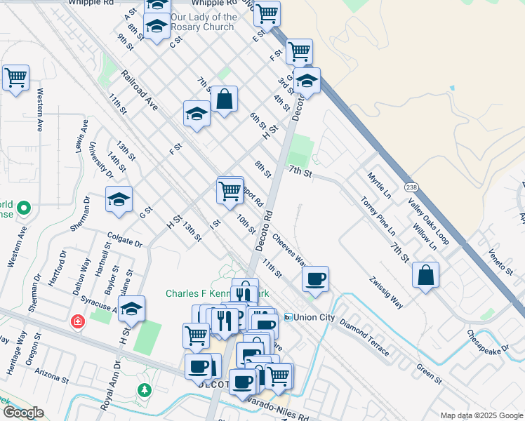 map of restaurants, bars, coffee shops, grocery stores, and more near 33950 Depot Road in Union City