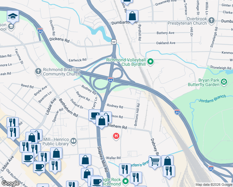 map of restaurants, bars, coffee shops, grocery stores, and more near 4816 Coleman Road in Richmond