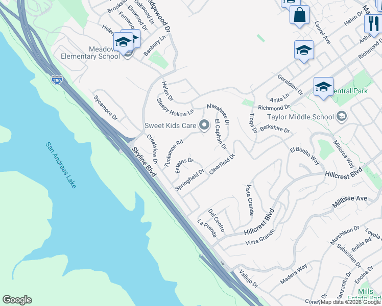 map of restaurants, bars, coffee shops, grocery stores, and more near 17 Estates Drive in Millbrae