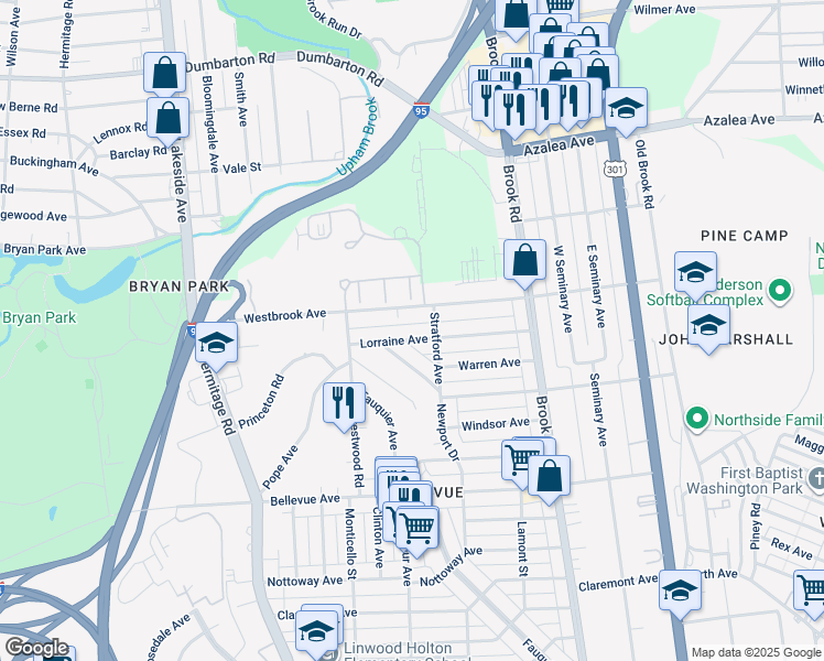 map of restaurants, bars, coffee shops, grocery stores, and more near 1408 Lorraine Avenue in Richmond