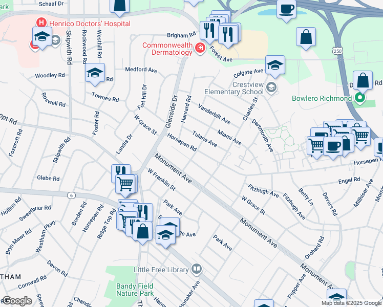 map of restaurants, bars, coffee shops, grocery stores, and more near 7000 West Grace Street in Richmond