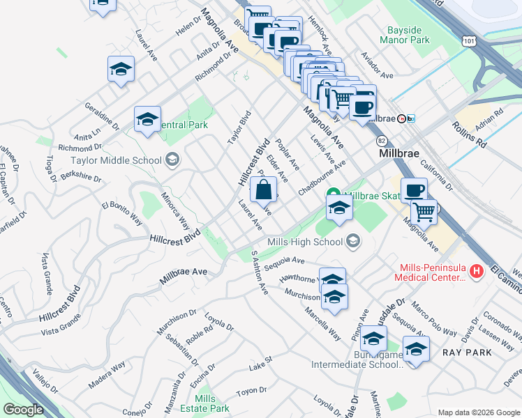 map of restaurants, bars, coffee shops, grocery stores, and more near 131 Hazel Avenue in Millbrae