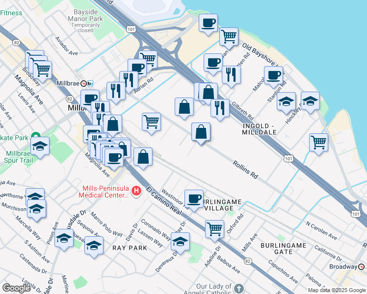 map of restaurants, bars, coffee shops, grocery stores, and more near 30 Ingold Road in Burlingame
