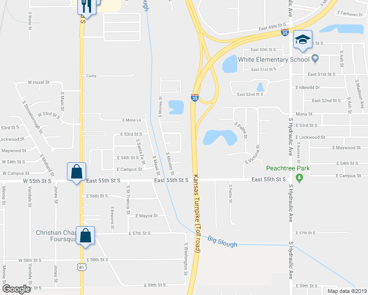 map of restaurants, bars, coffee shops, grocery stores, and more near 5434 South Washington Street in Wichita