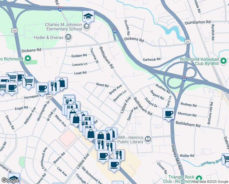 map of restaurants, bars, coffee shops, grocery stores, and more near 2409 Boyle Avenue in Richmond