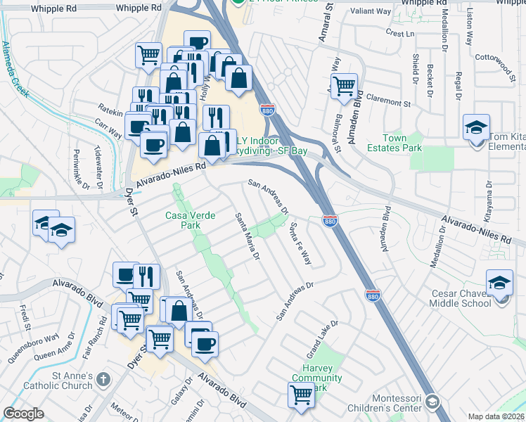 map of restaurants, bars, coffee shops, grocery stores, and more near 31298 Santa Rita Way in Union City