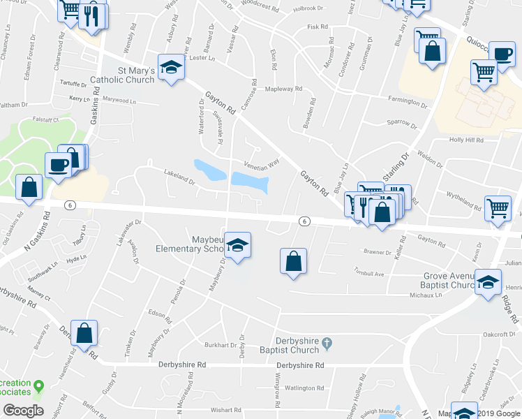 map of restaurants, bars, coffee shops, grocery stores, and more near 9102 Waterford Rhye Circle in Richmond