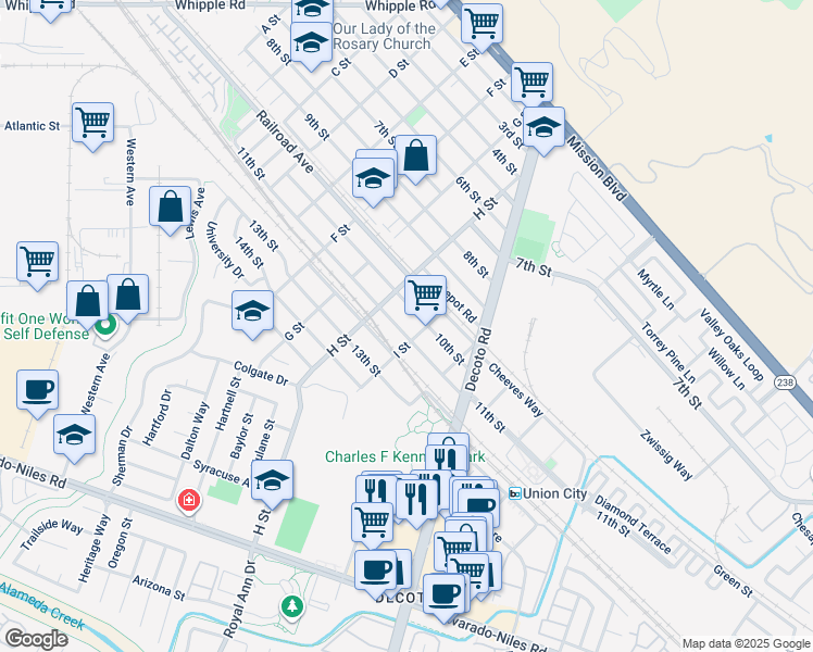 map of restaurants, bars, coffee shops, grocery stores, and more near 33852 11th Street in Union City