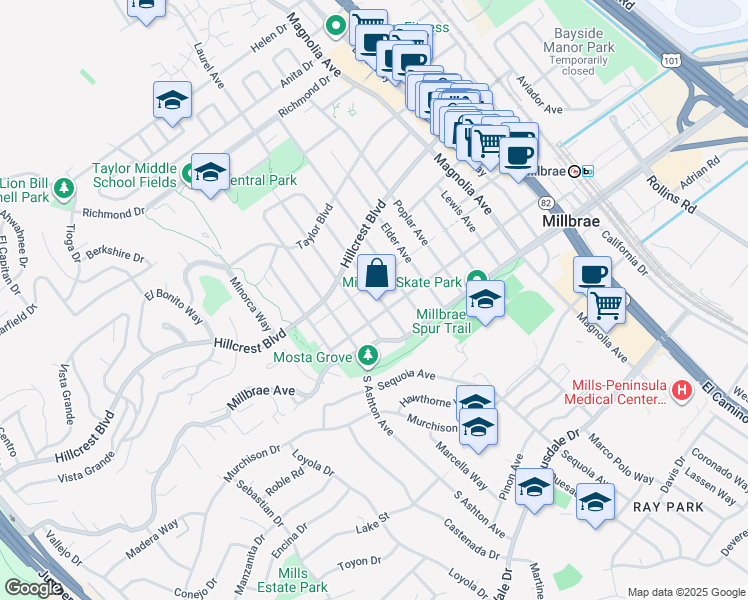 map of restaurants, bars, coffee shops, grocery stores, and more near 131 Hazel Avenue in Millbrae