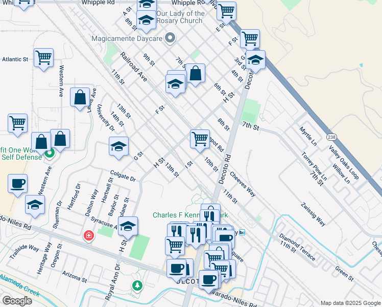 map of restaurants, bars, coffee shops, grocery stores, and more near 33852 11th Street in Union City