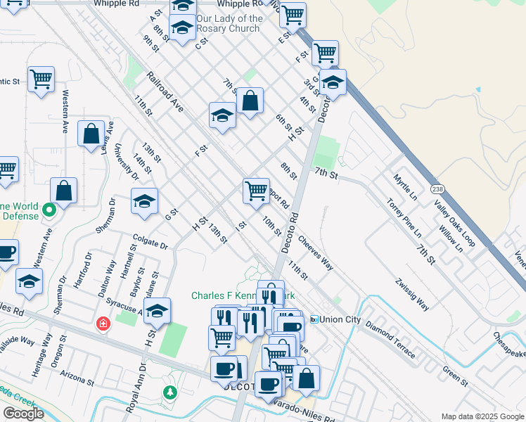 map of restaurants, bars, coffee shops, grocery stores, and more near 33908 10th Street in Union City