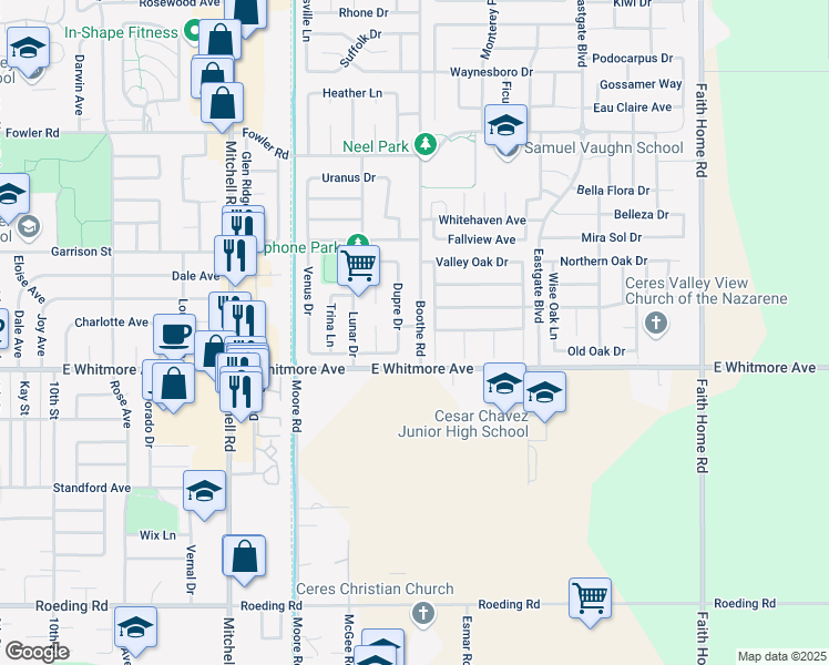 map of restaurants, bars, coffee shops, grocery stores, and more near 3436 Vera Way in Ceres