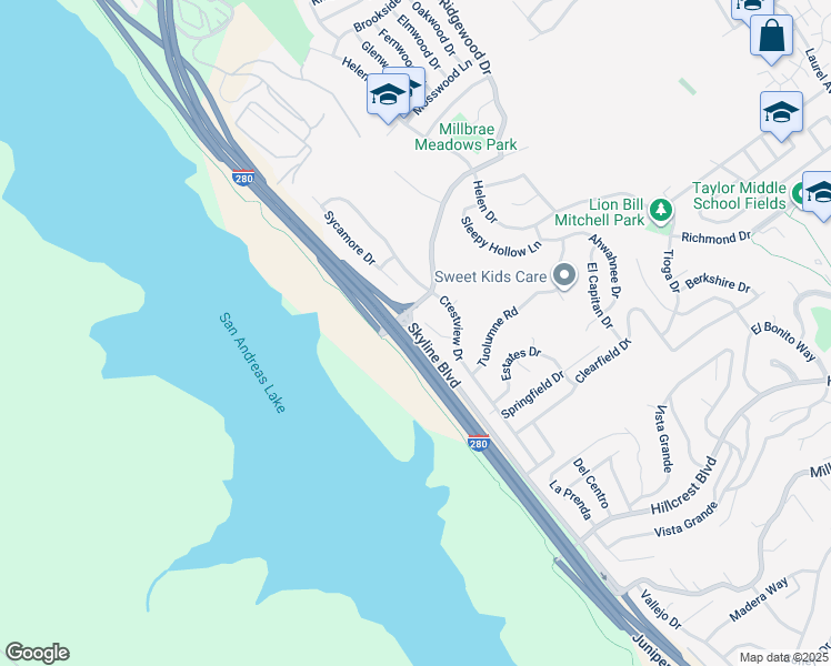 map of restaurants, bars, coffee shops, grocery stores, and more near in Millbrae
