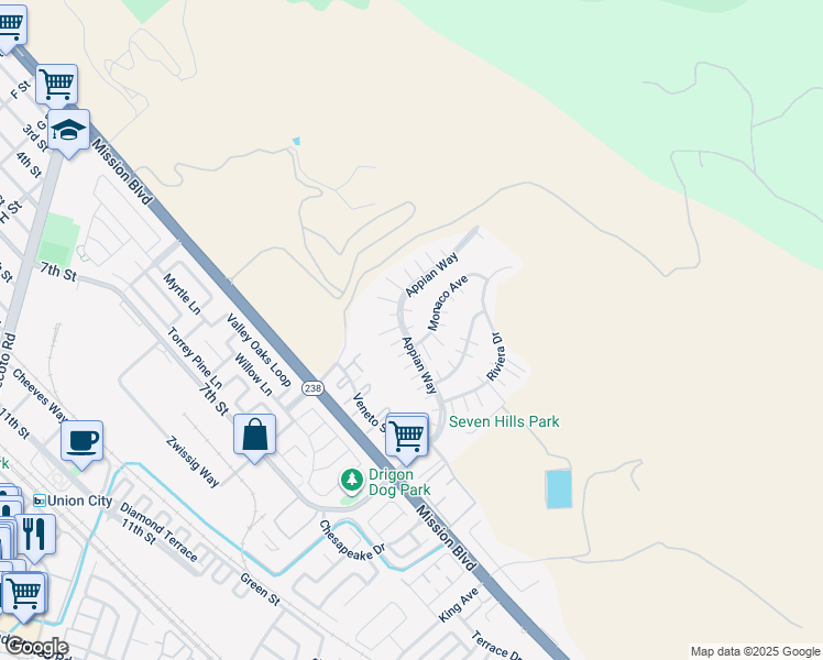 map of restaurants, bars, coffee shops, grocery stores, and more near 217 Appian Way in Union City