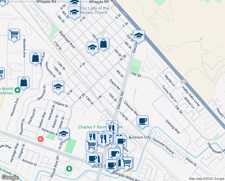 map of restaurants, bars, coffee shops, grocery stores, and more near 33908 10th Street in Union City
