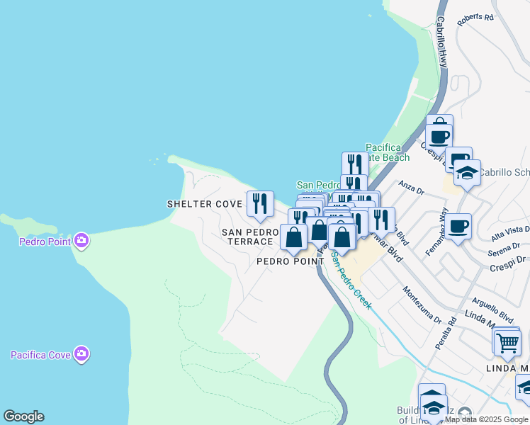 map of restaurants, bars, coffee shops, grocery stores, and more near 277 Kent Road in Pacifica