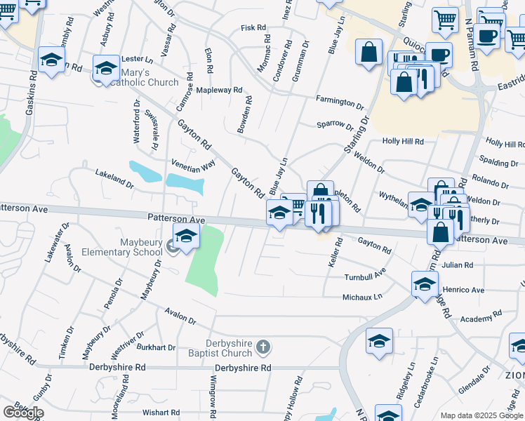map of restaurants, bars, coffee shops, grocery stores, and more near 9010 Patterson Avenue in Richmond