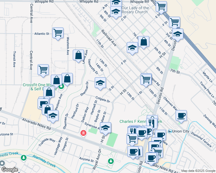 map of restaurants, bars, coffee shops, grocery stores, and more near 33642 15th Street in Union City