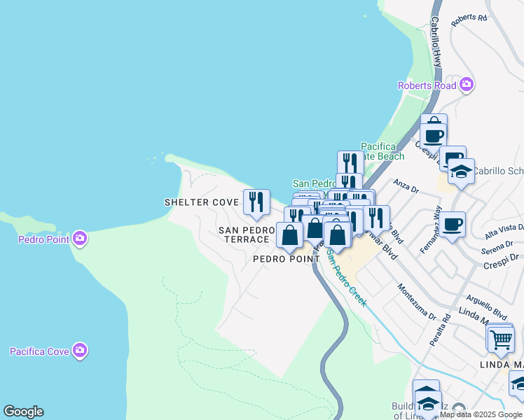 map of restaurants, bars, coffee shops, grocery stores, and more near 1200 Danmann Avenue in Pacifica