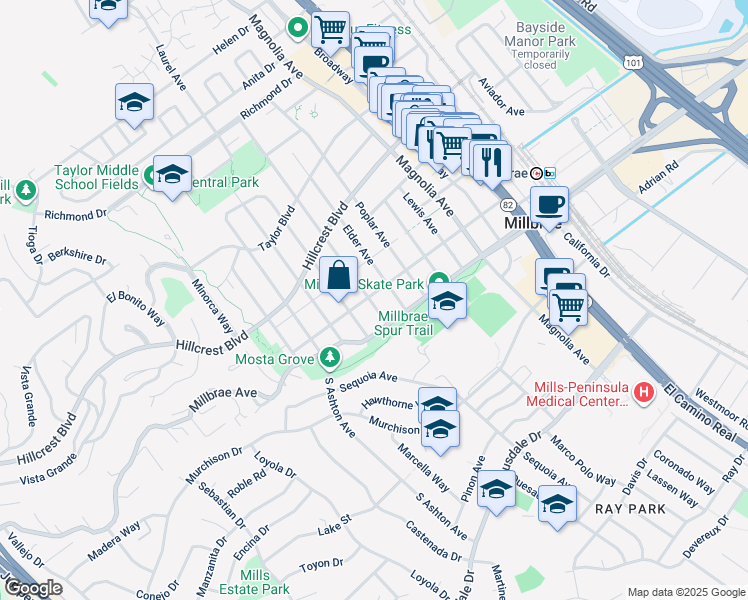 map of restaurants, bars, coffee shops, grocery stores, and more near 631 Chadbourne Avenue in Millbrae