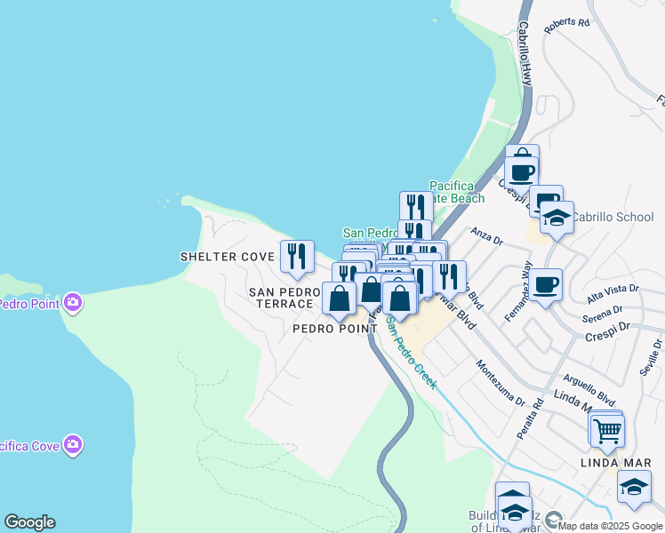 map of restaurants, bars, coffee shops, grocery stores, and more near 305 Shoreside Drive in Pacifica