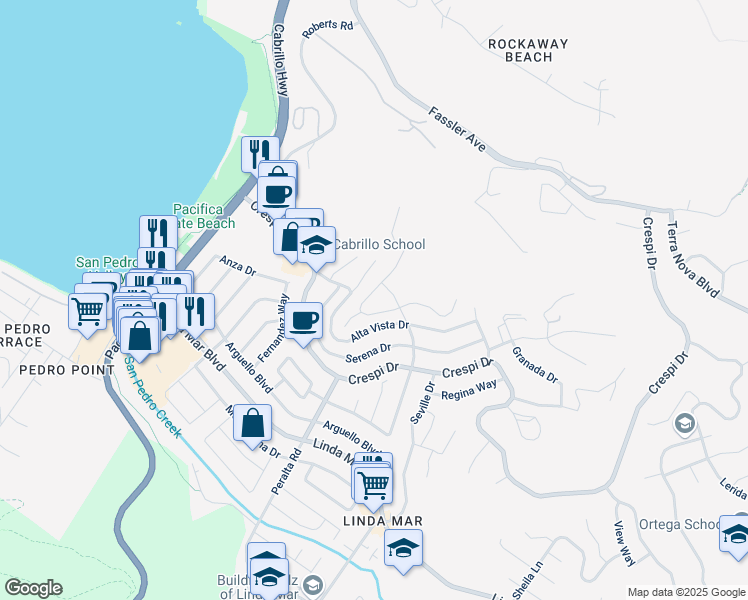 map of restaurants, bars, coffee shops, grocery stores, and more near 711 Corona Drive in Pacifica