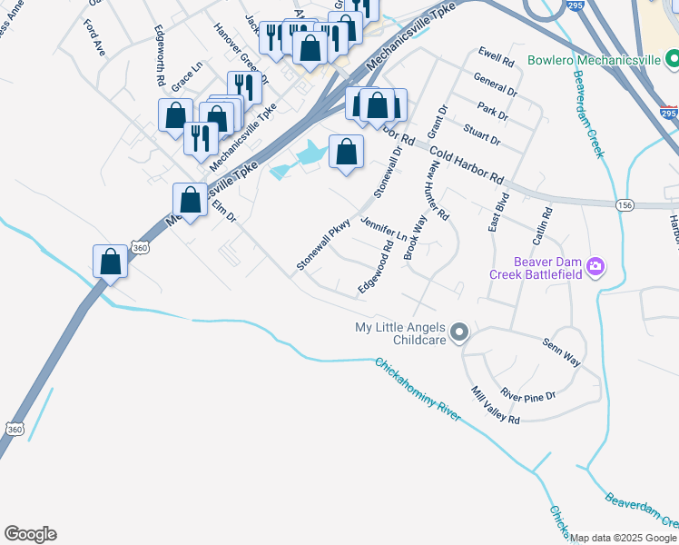 map of restaurants, bars, coffee shops, grocery stores, and more near 7119 Kella Way in Mechanicsville