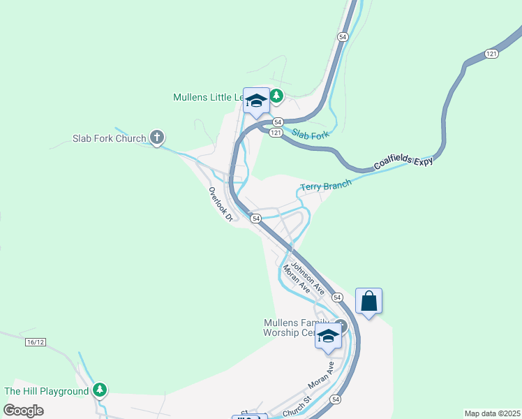 map of restaurants, bars, coffee shops, grocery stores, and more near 1504 County Highway 54/4 in Mullens