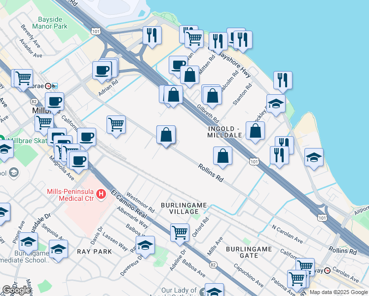 map of restaurants, bars, coffee shops, grocery stores, and more near 1626 Rollins Rd in Burlingame