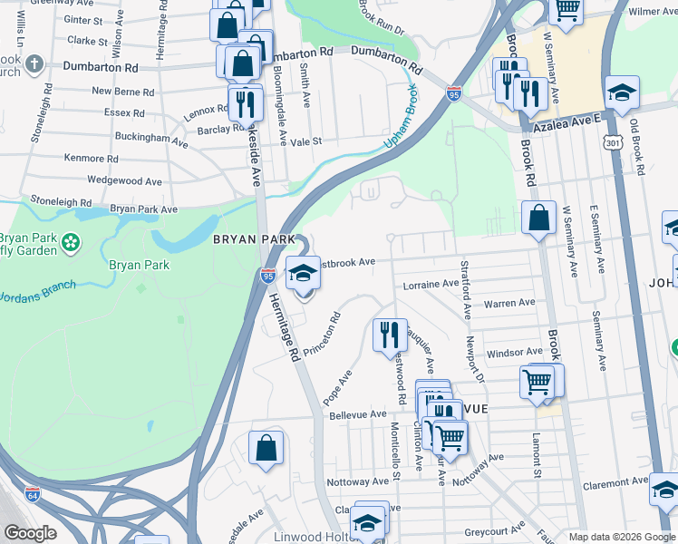 map of restaurants, bars, coffee shops, grocery stores, and more near 1615 Westbrook Avenue in Richmond