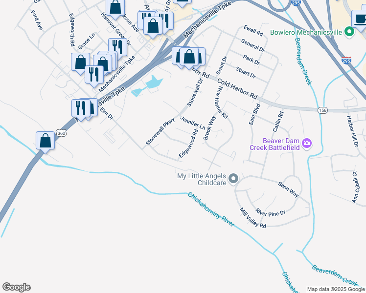map of restaurants, bars, coffee shops, grocery stores, and more near 7483 Overlook Drive in Mechanicsville